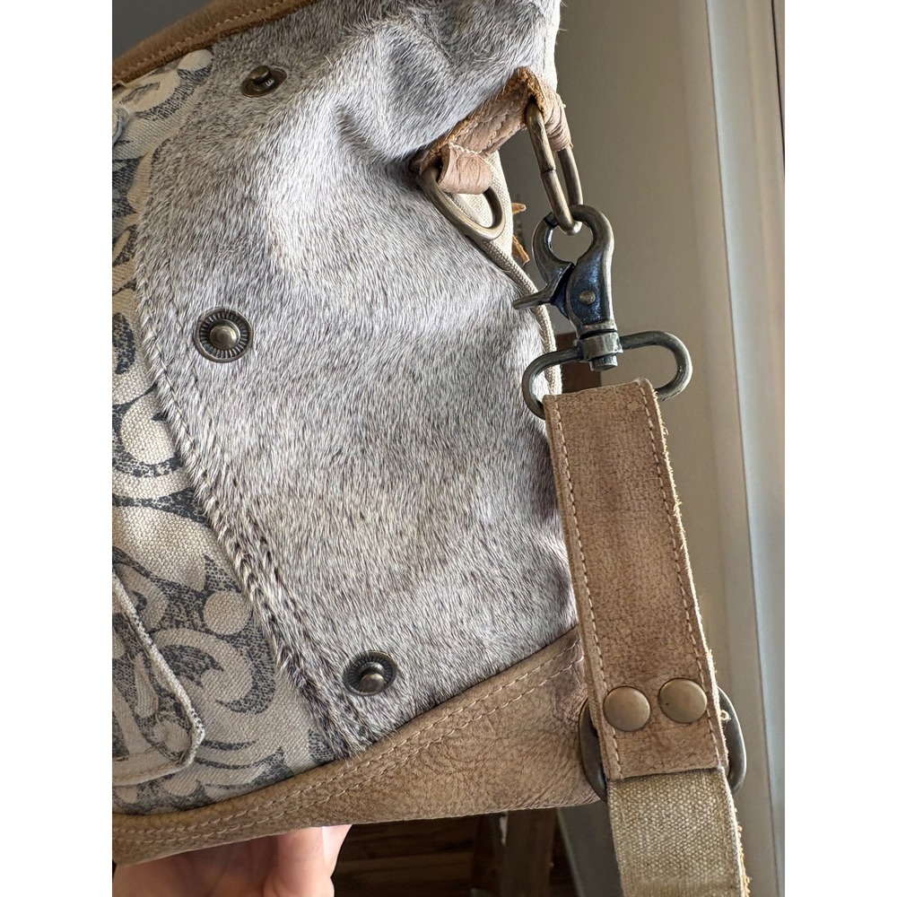 Myra Bag Canvas Leather Cowhide Crossbody Bag Scroll Pattern Boho Tan Grey - Picture 3 of 7